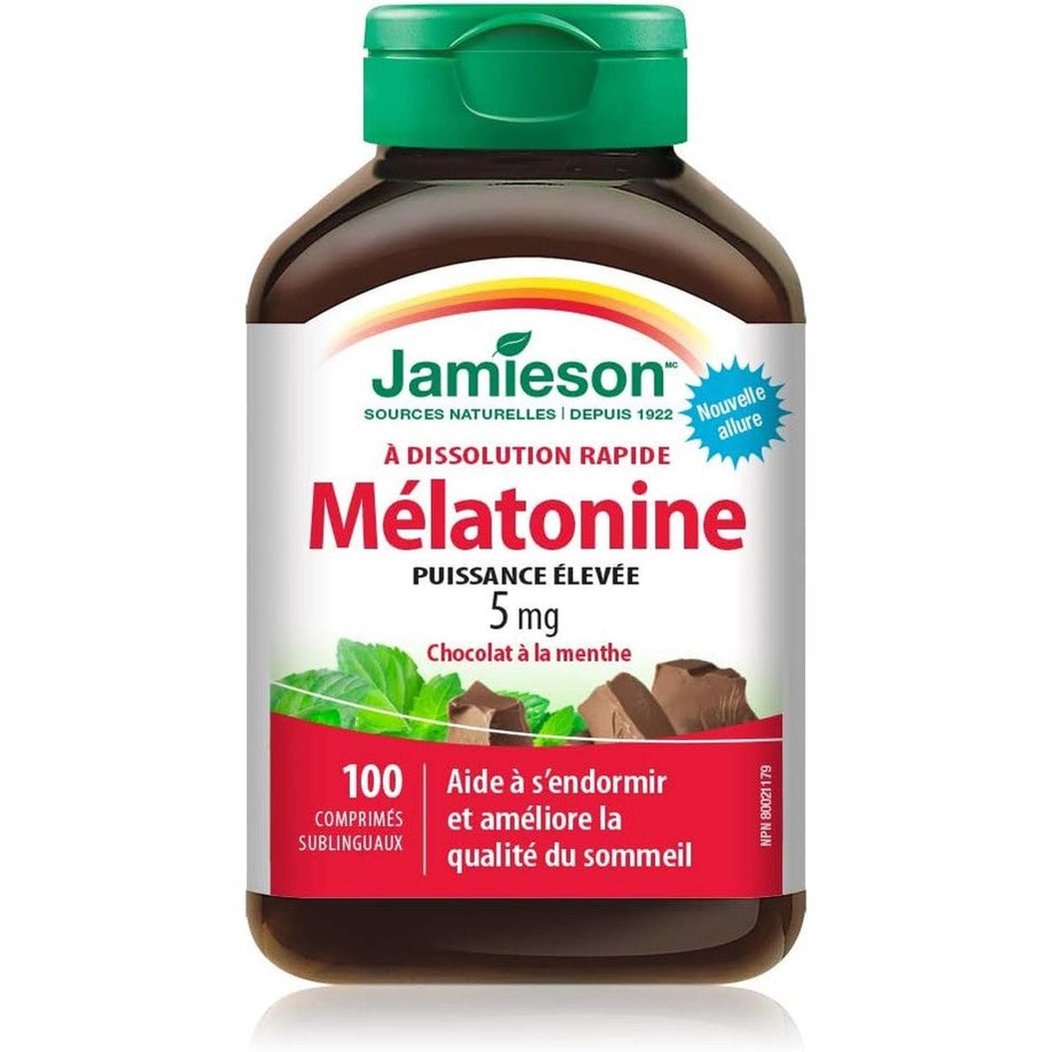 Jamieson MĂŠlatonine 5mg Extra Forte â Menthe Chocolat â 100 ComprimĂŠs Ă Dissolution Rapide