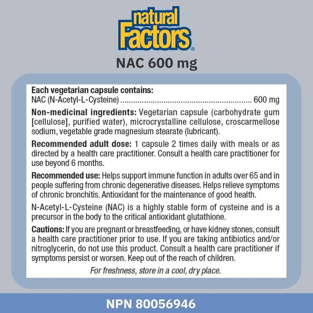 Natural Factors NAC N-Acétyl-L-Cystéine 600mg – 180 Gélules Végétariennes