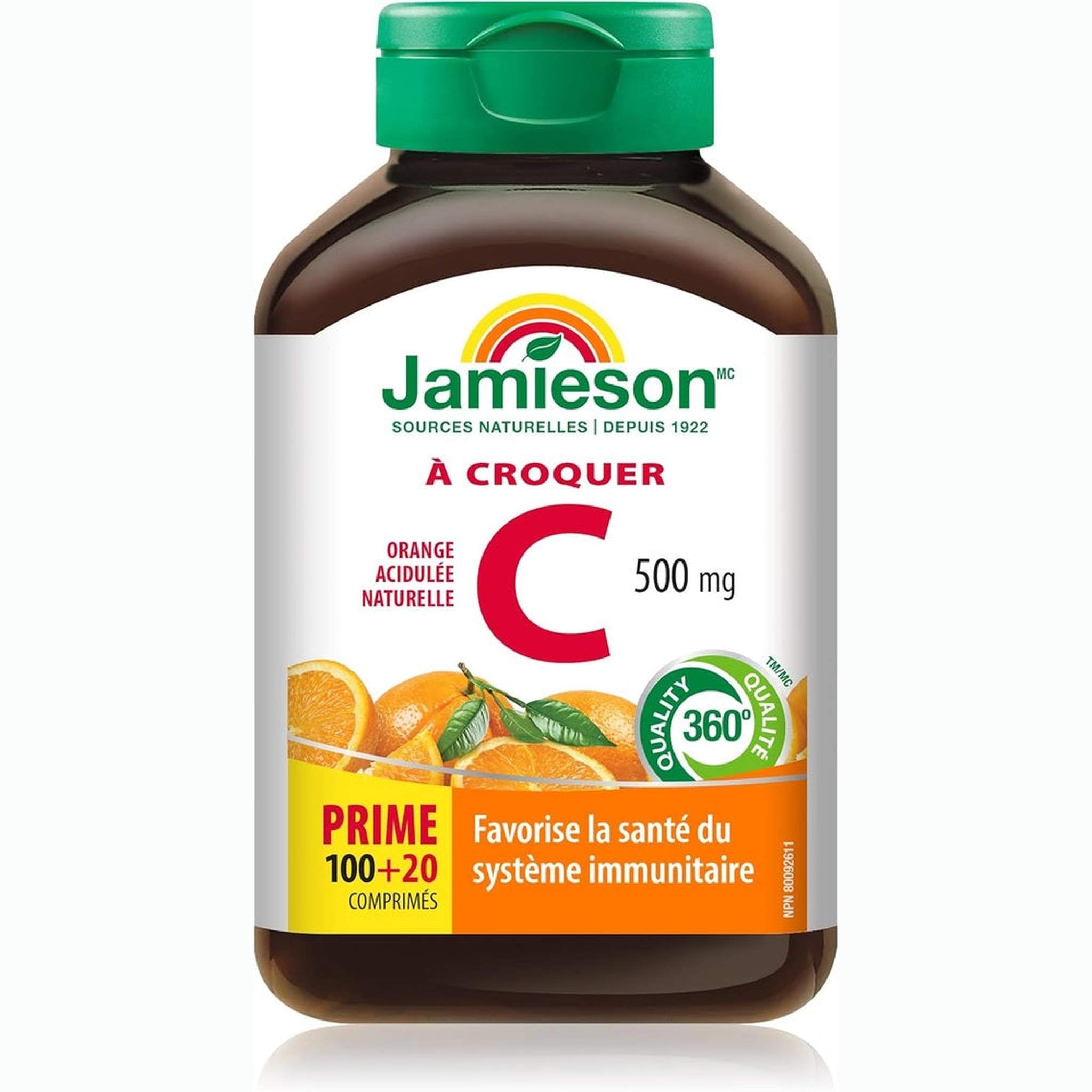 Jamieson Vitamine C Ă Mâcher 500mg â 120 ComprimĂŠs â ImmunitĂŠ & Antioxydant