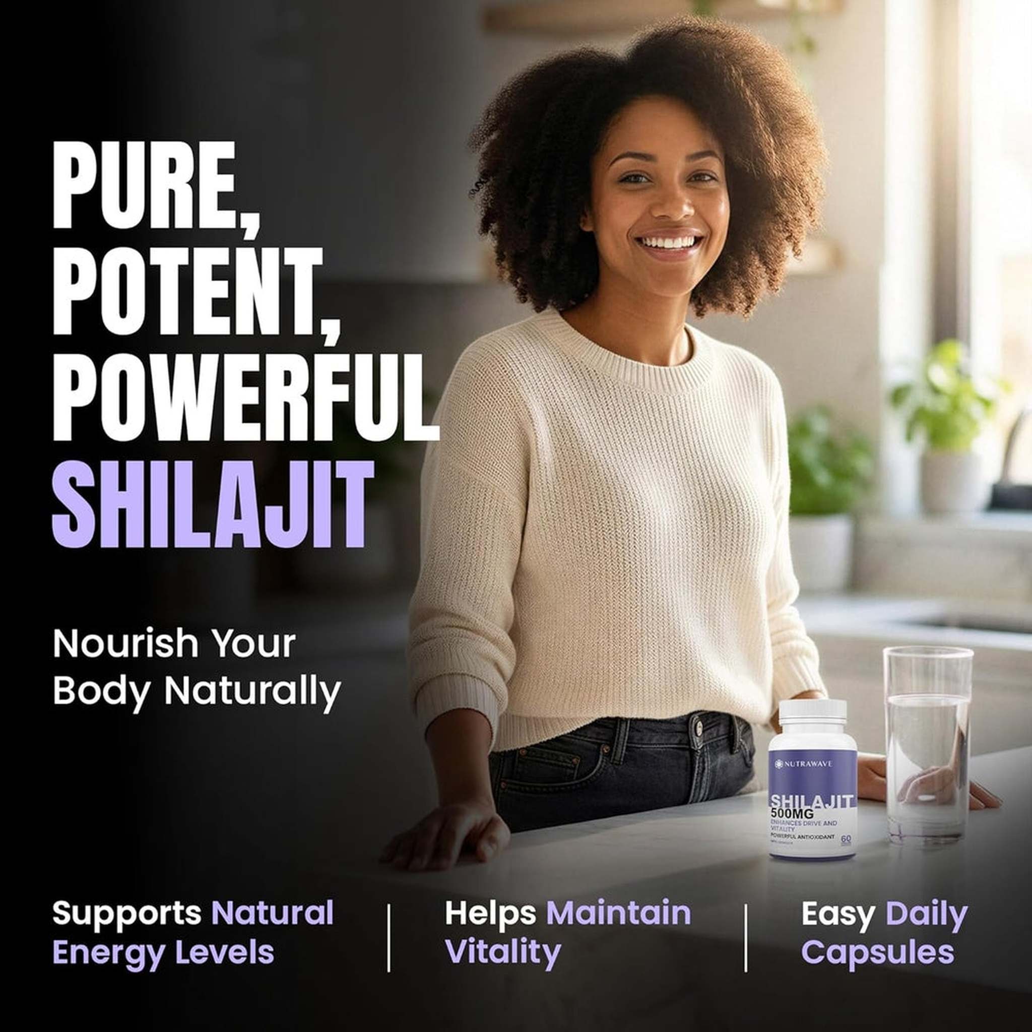 Nutrawave Pure Shilajit Himalayen – 500mg – 60 Gélules – Pour Femme – Végétalien & Sans OGM