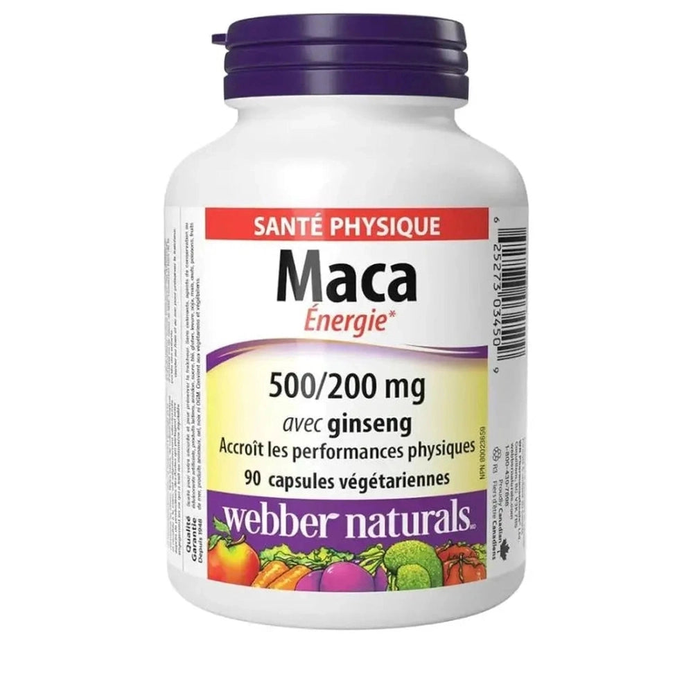 Maca Énergie 500mg Webber Naturals - Boîte de 90 capsules végétariennes pour vitalité et performance - Disponible à Dakar Sénégal