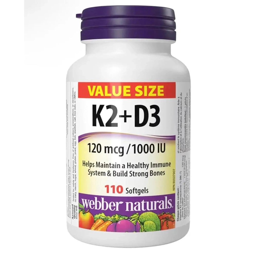 K2 + D3 120mcg Webber Naturals - SantĂŠ Osseuse & Cardiovasculaire | 110 Softgels
