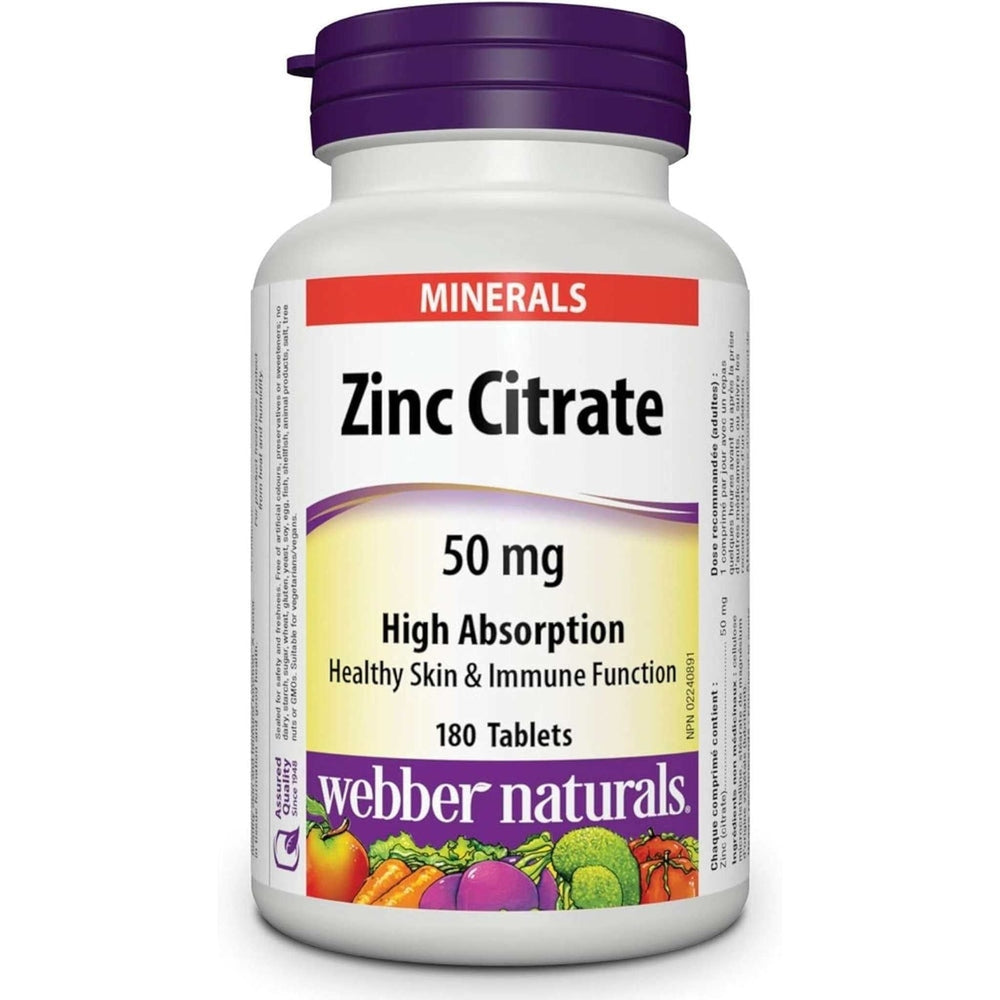 Citrate de Zinc 50mg Webber Naturals - Immunité & Santé | 180 Capsules
