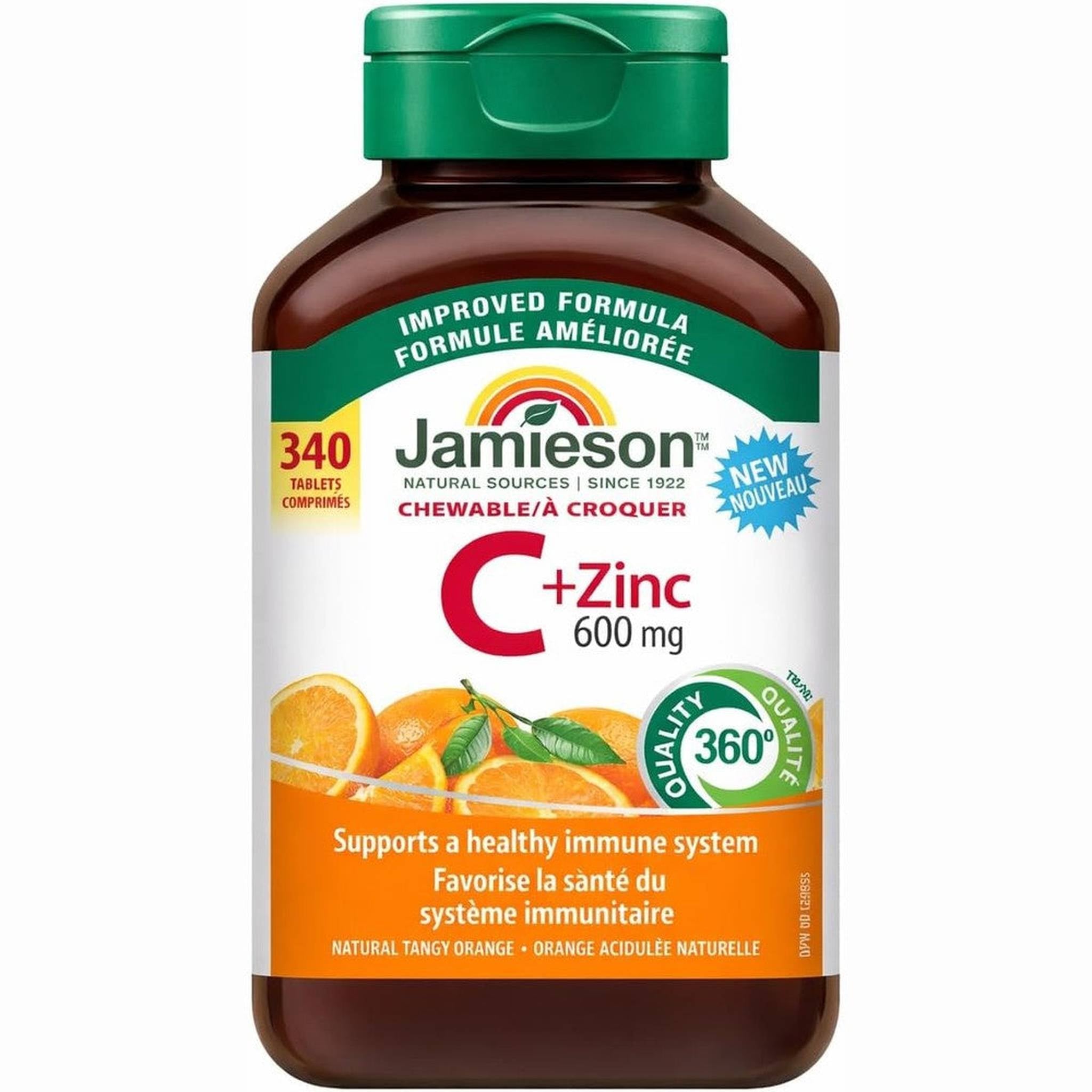 Jamieson Vitamine C + Zinc – Comprimés à Mâcher Saveur Orange – 600mg – 340 Comprimés