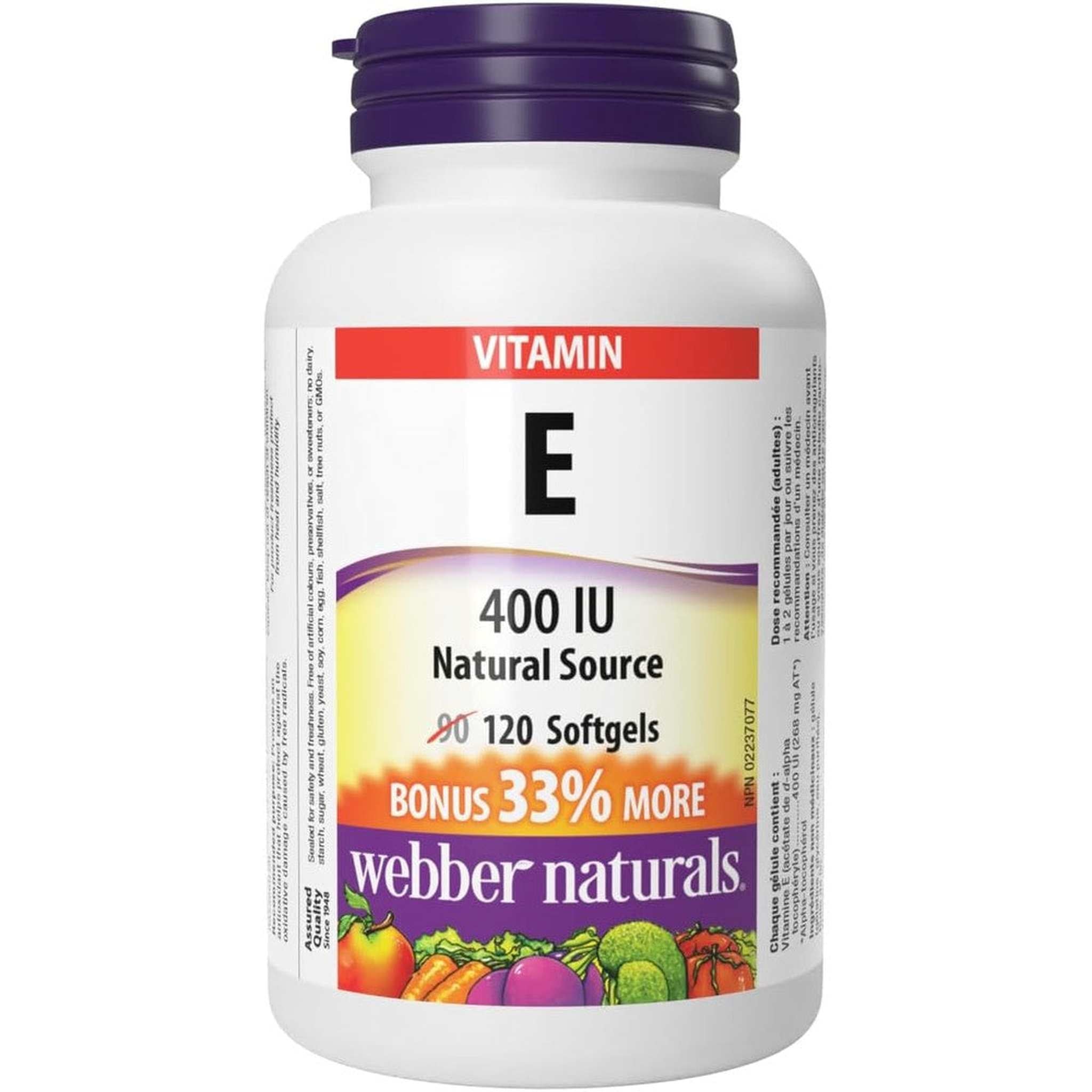 Webber Naturals Vitamine E 400 UI – 120 Gélules – Antioxydant & Santé Cardiovasculaire