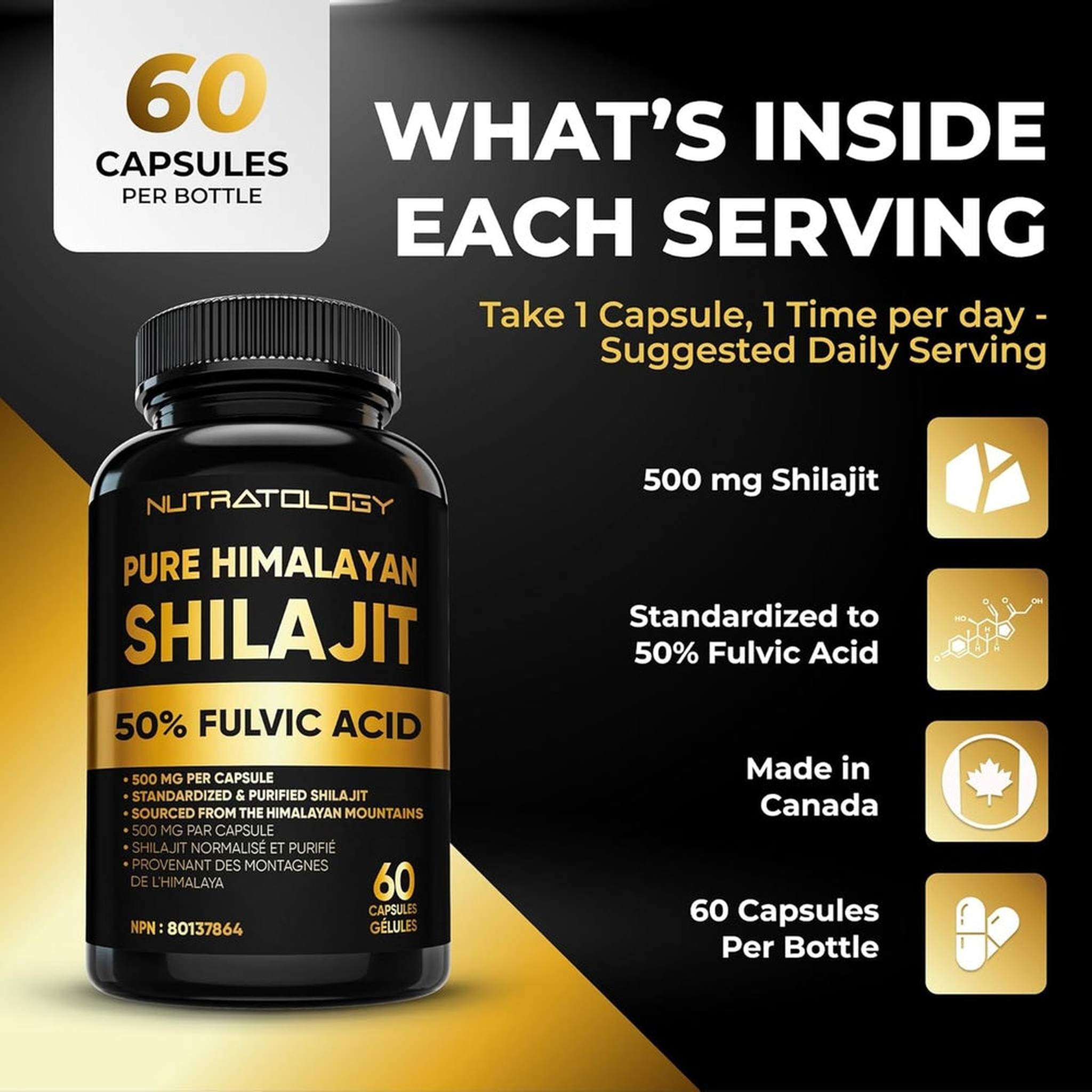 Nutratology® Pure Shilajit Himalayen 500mg – 50% Acide Fulvique – 60 Capsules