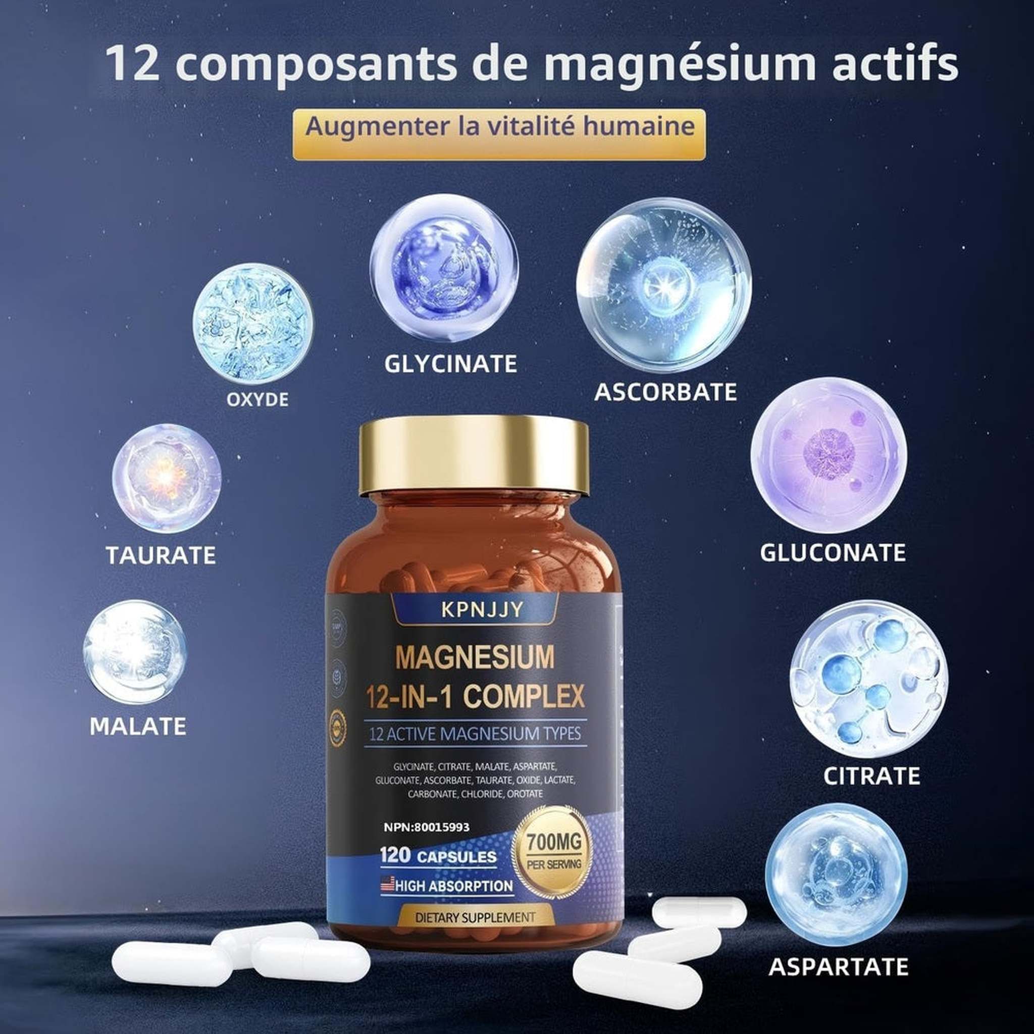 Magnésium 700mg Complexe 12 en 1 – 120 Capsules Végétariennes