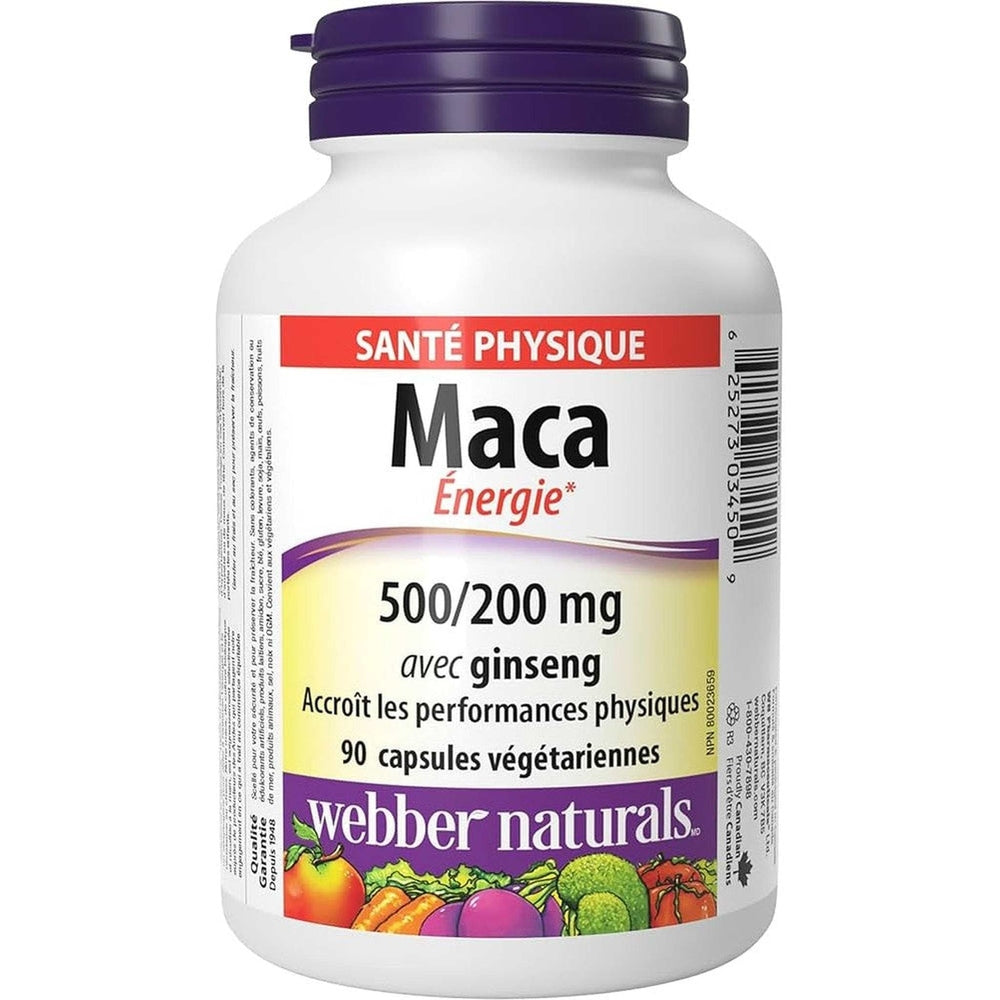 Maca Énergie Webber Naturals 500mg - Étiquette nutritionnelle détaillée et liste des ingrédients - Supplément adaptogène canadien
