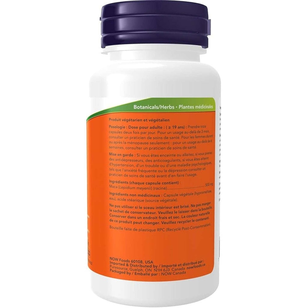 Maca 500mg NOW Foods - Vue arrière de la boîte avec informations produit et posologie
