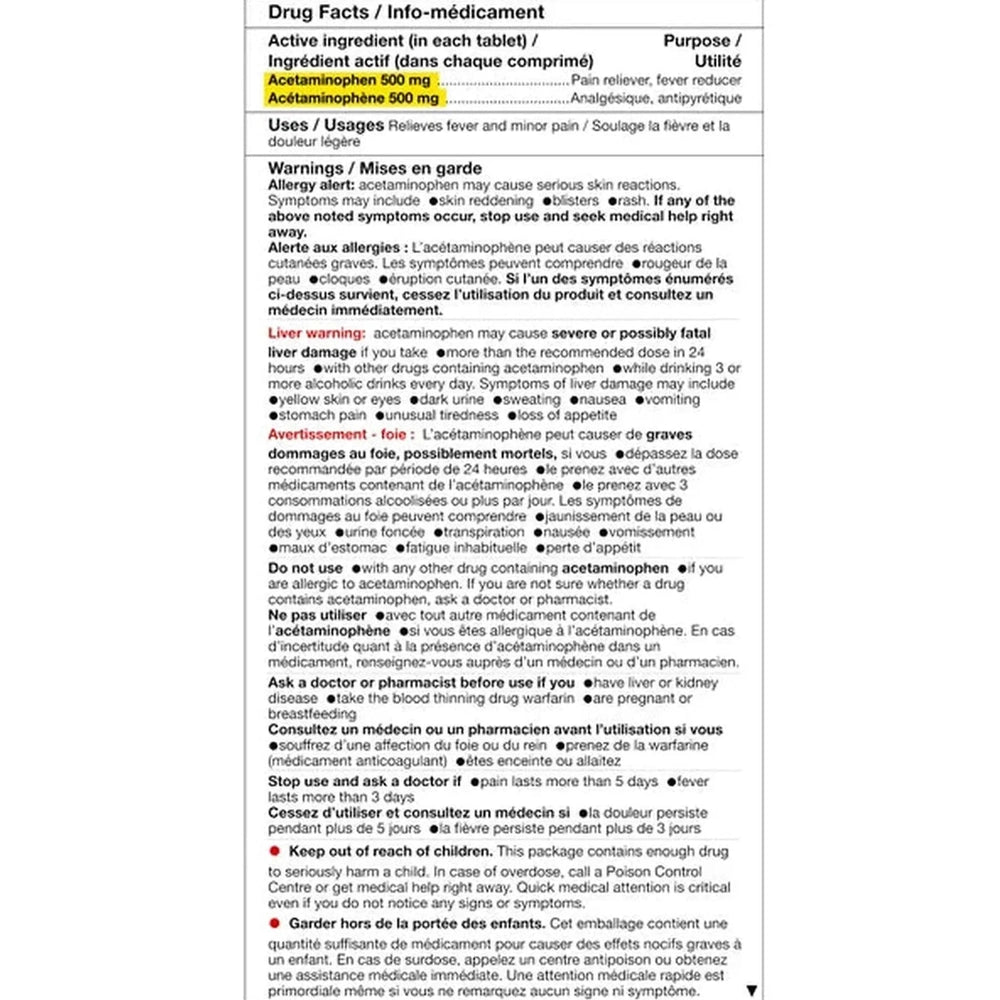 Acetaminophène 500mg - Analgésique Anti-Douleur | 100 Comprimés